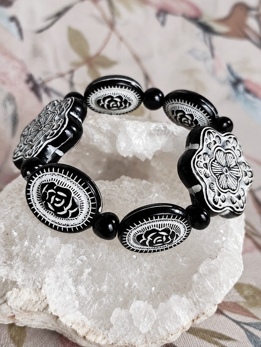 Day of The Dead Black & White Medallion Stretch Bracelet Dia De Los Muetros
